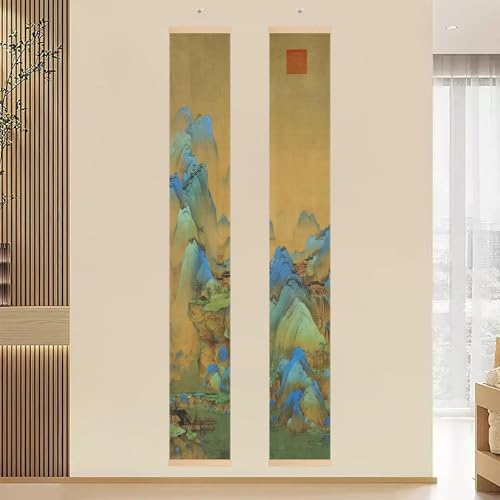 HannaFires 2-Pieces Chinese Wall Art Scroll Set - 55 Inch Canvas Landscape Decor for Home, Entryway & Housewarming Gift
