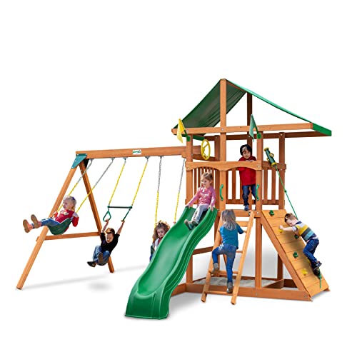 Gorilla Playsets 01-1076 Avalon Wooden Swing Set with Oversized Green Vinyl Canopy Roof, Climbing Wall, Ladder, Swings and Slide