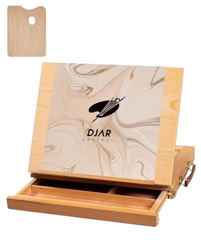 DJAR Chevalet de table pour art ajustable avec tiroir, boîte de dessin en bois de hêtre massif, chevalet en bois portable pour artistes avec boîte de rangement pour...