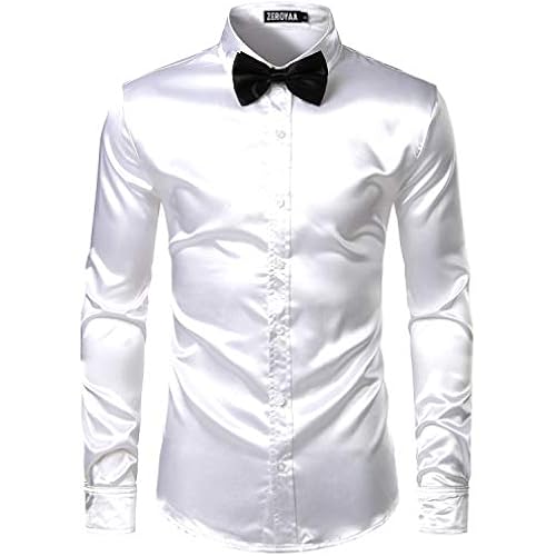 ZEROYAA Men's Luxury Shiny Silk Like Satin Button Up Dress Shirts