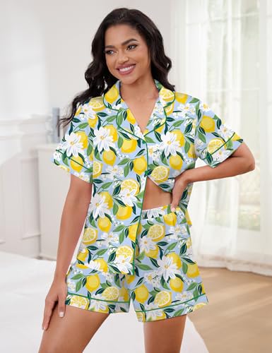Image of SHESHOW Satin Pajamas for Women Set Preppy Animals Pjs Short Sleeve Shorts 2 Piece Loungewear Sets XS-XXL