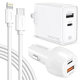 Apple MFI Certified Home Charger Adapter and Lightning Cable with Car Charger - 2.4 Amp Charger Kit with Rapid Charge Apple Lightning to USB Cable for iPhone iPad iPod - White