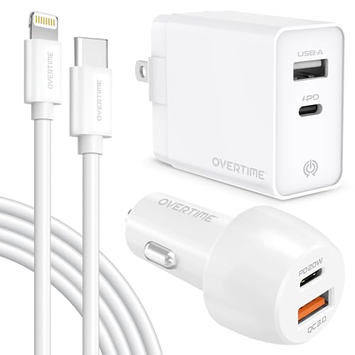 Overtime 3PC Charging Kit, Wall and Car Charger, Apple MFI Certified Lightning to USB-C 6ft Charging Cable for iPhone/iPad & iPod - White