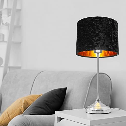 Modern and On-Trend Vivid Black Crushed Velvet Fabric 8" Table or Pendant Circular Drum Lampshade with Shiny Copper Inner - 40watt Maximum | Perfect for Residential or Commercial by Happy Homewares