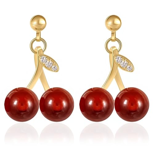 Pendientes colgantes de oro cerezas para mujer, cristal rojo y oro, para mujer, pequeños chapados en oro, pendientes de frutas estéreo, pendientes de mujer y niña