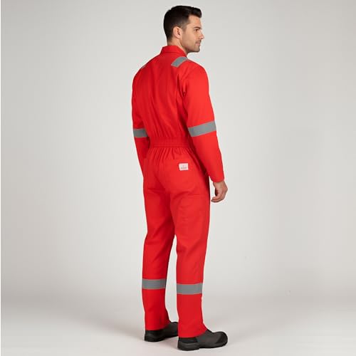 Image of Men's 100% Cotton Pyrovatex Fire Retardant Industrial Coveralls (Boiler Suit) with Reflective Tape 240 GSM. Color RED, Size L - 40