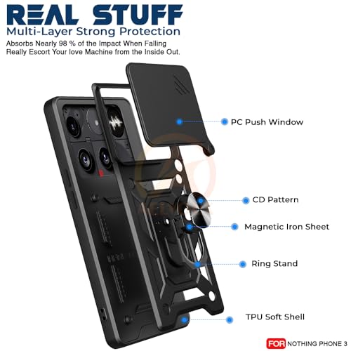 Image of Armor Bumper Back Cover Case for Nothing Phone 3 Rotating Camera Cover, Ring Holder & Kickstand | Heavy Duty & 360 Degree Protection Nothing Phone 3 Back Cover (Black)