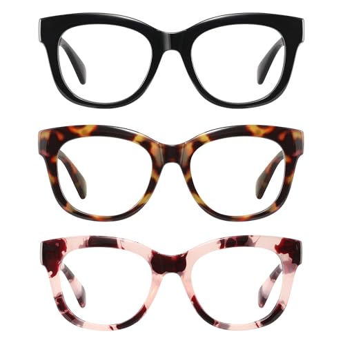 Reglaaly Blue Light Glasses for Woman - 3 Pack Round Retro Frame Fake Glasses, Circle Computer Gaming Glass, Black+Leopard+Pink Leopard