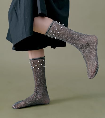 Women's Glitter Metallic Mid-Calf Socks, Shimmer Sparkly Shiny Party Sheer Socks Size 5-93
