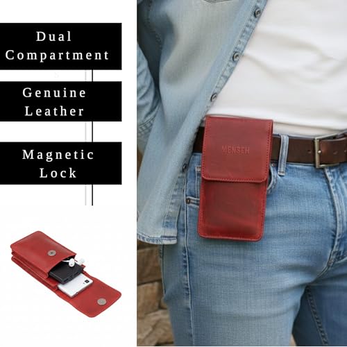 Image of MMENSCH Genuine Leather Multifunctional Phone Mobile Pouch Waist Bag with Belt Loop for Accessories, Apple iPhones, Smartphones, Androids Upto 6.7 inch for Daily Use, Travelling for Men & Women (Red)