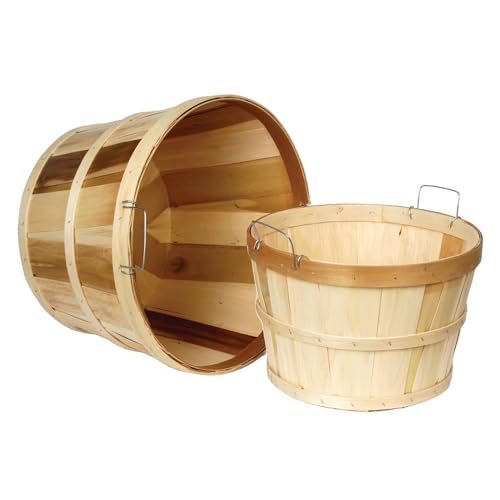 Lehmans Handcrafted Storage Baskets Vintage Style USA Made Poplar Wood with Wire Handles Set of 2 with One Bushel and One Half Bushel Basket