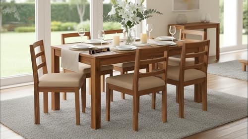 Image of WOODSTAGE Solid Sheesham Wood 6 Seater Dining Table with Cushion Chairs for Dining Room, Living Room, Hall, Home | Wooden Furniture Dinner Table Set (Honey Finish, 6 Seater)