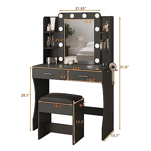 Image of Vabches Vanity Desk with Lights,Makeup Vanity with Power Strip,Black