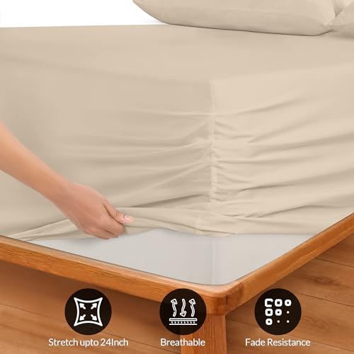 Image of Royale Linens Extra Deep Pocket Twin Fitted Sheet Only - Twin Size Deep Pocket Sand Fitted Sheet - Fits 18 inch to 24 inch Thick Mattress - Soft & Breathable Elastic Sheets (39x75 Inches, Sand)