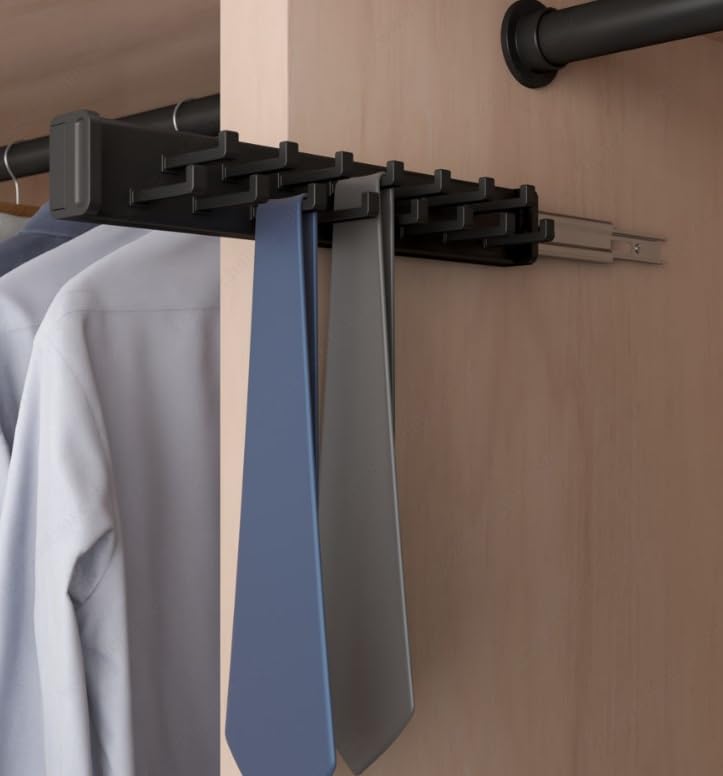 15-Hook Designer Wardrobe Reversible Closet Belt Rack with 11.22 Inch Retractable Pullout Extension (Matte Black)