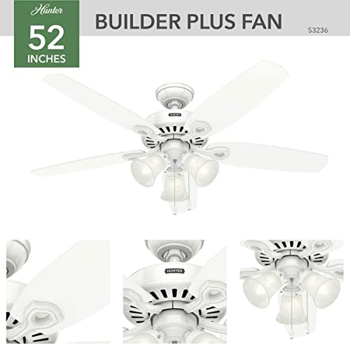 Hunter Fan Company 53236 Hunter Builder Plus Indoor Ceiling Fan With Lights And Pull Chain Control, 52", Snow White Finish #TOP1