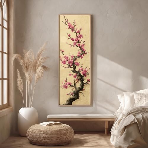 Tableau japonais floral rose de 40x120 cm avec cadre intérieur inclus