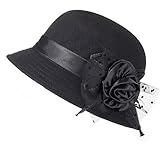 hoyuwak Wide Brim Felt Hat for Women, Lightweight Fedoras with Flower, Hat for Church, Party, Halloween, Christmas (US, Alpha, Medium, Black)