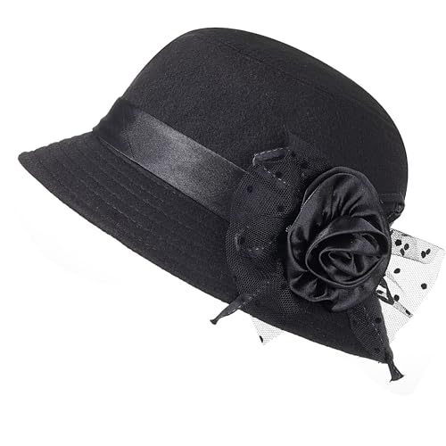 hoyuwak Wide Brim Felt Hat for Women, Lightweight Fedoras with Flower, Hat for Church, Party, Halloween, Christmas (US, Alpha, Medium, Black)