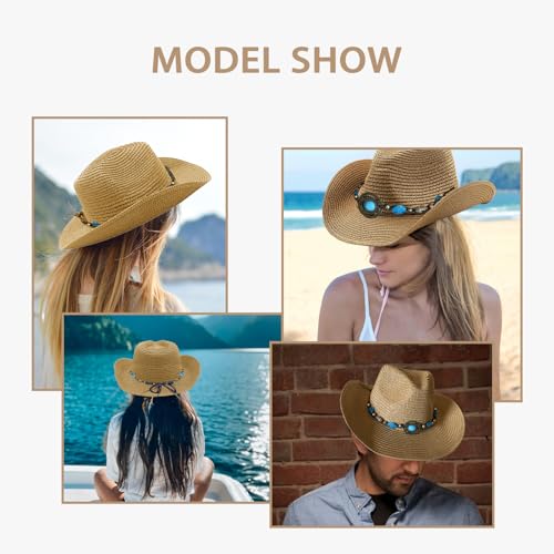 Image of Western Straw Cowboy Hats Cowgirl Hat for Holiday Woven Beach Sun Hat with Shapeable Wide Brim Cowboy Hat for Women's /Men's