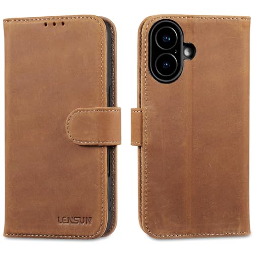 Coque iPhone 17 en cuir véritable LENSUN étui portefeuille luxe brun rétro