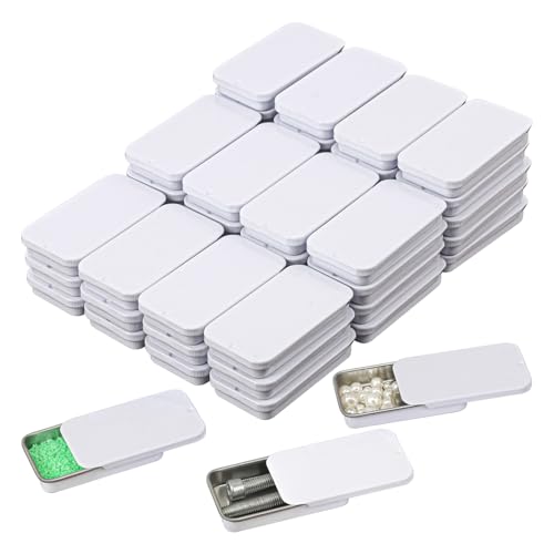 Image of 70 Pack White Slide Top Tin Containers, Mini Metal Tin Box with Slide Lid, Empty Lip Balm Containers for DIY Projects, Pills, Candies, Jewelry (2.36 x 1.34 x 0.43 Inch)