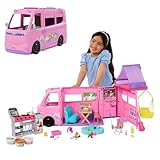 Barbie Super Abenteuer-Camper Spielset mit Dachzelt, Hängesessel, Fischteich, Grill mit Farbwechseleffekt und über 60 Zubehörteilen inklusive Knete, HRJ78