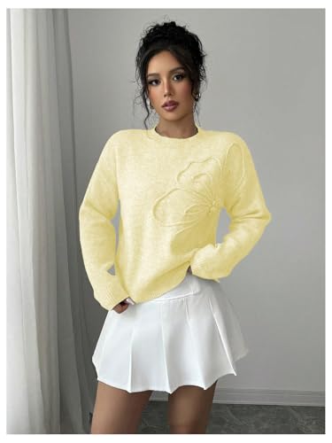 Image of Verdusa Women's Spring 3D Flower Appliques Crewneck Sweaters Long Sleeve Drop Shoulder Pullovers Knit Going Out Tops