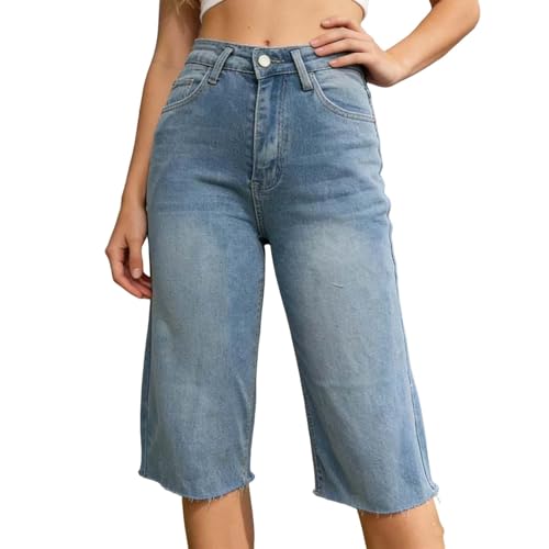 Jean court femme taille haute coupe droite et poches fonctionnelles