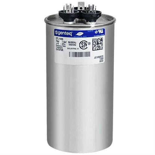 Intertherm - 70 + 7.5 uF MFD x 440 VAC Genteq Replacement Dual Capacitor Round # C47075R / 27L1099