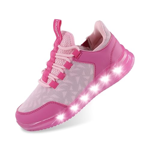 LOUGSIN Girls Light Up Shoes LED Flashing Lightweight Mesh Breathable Adorable GlowDash Walking Running Sneakers for Little Kid Pink Size 12