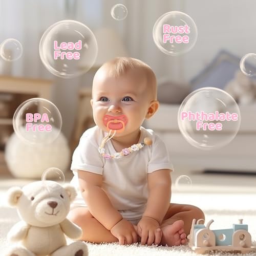 Image of Pacifier Clip for Boys Girls Floral Daisy Macrame Baby Paci Clip Pacifier Holder Leash Boho Wooden Clips Handmade Braided Cotton Binky Clips (2pack:Pink Daisy & Lavender Style B)