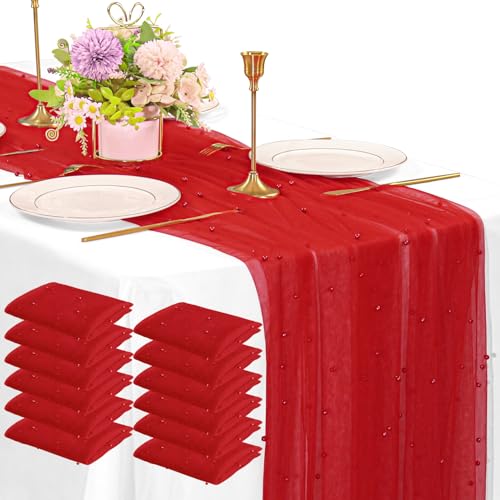 Fivenl 12 Pack 10FT Pearl Table Runner 30x120 Inch Red