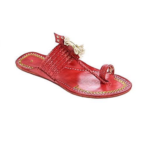 KORAKARI - Women Cherry red Golden Rivets Ladies Kolhapuri Chappal with six Braidsâ€™ and Kolhapuri White Leather gonda (US 8)