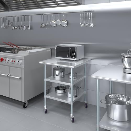 Image of AmGood Stainless Steel Work Table with 2 Shelves and Casters | Metal Utility Table On Wheels (Stainless Steel Work Table with 2 Shelves + Casters, 30 inch Long x 30 inch Deep)