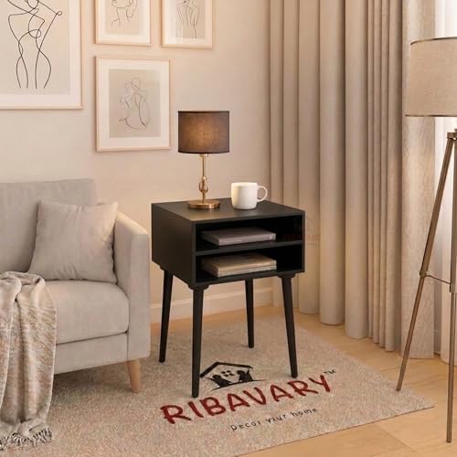 Image of Modern Bedside Table Nightstand with Solid Wood Legs, Practical End Side Table with Drawer Storage for Small Spaces Wooden Bedside Table, Coffee Table, Living Room /Bedroom (Black)