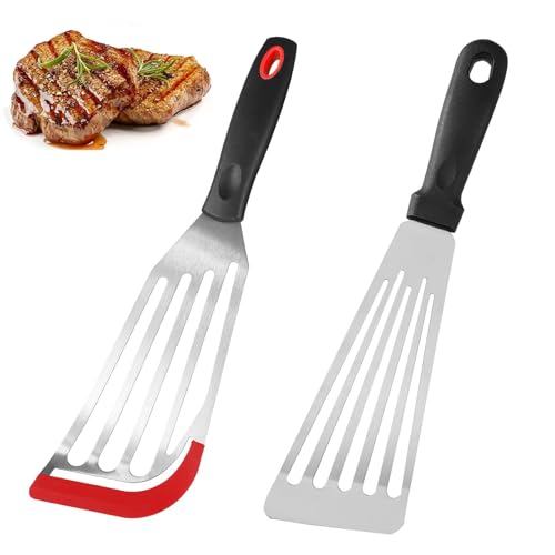 2 Piece Metal Spatula Set, Fish Slice Spatula for Non Stick Pans with Coated Edge, Professional Stainless Steel Fish Turner for Cooking Flipping Grilling, Includes Small and Standard Size