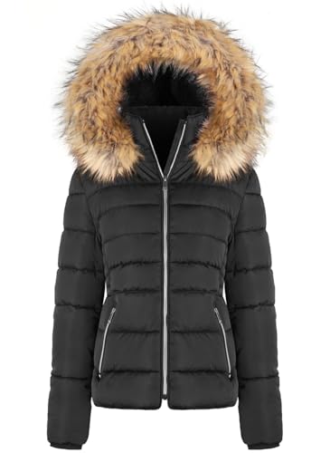 BodiLove Women's Puffer Jacket with Removable Faux Fur Hood and Zipper Black L