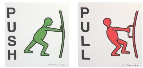 PUSH & PULL MAN ® - Push and Pull Signs/Stickers (Pictures+Words) Green Red & Black Double Sided for Hinge-Inwards Glass Doors (11 CM x 11 CM)