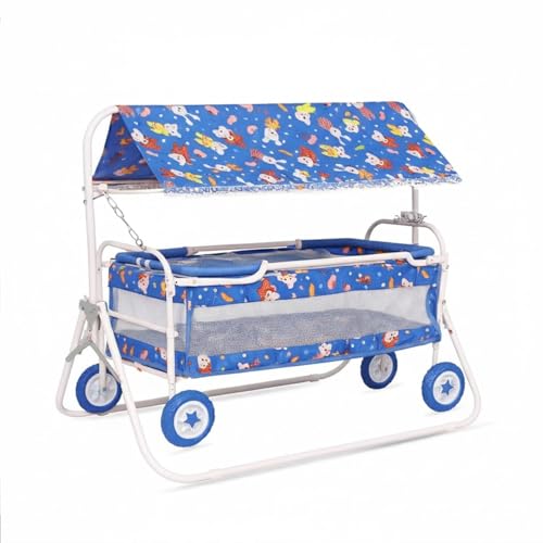 Image of BabyGo Baby Cradle with Swing, Mosquito Net & Canopy | 0-12 Months | Foldable 2-in-1 Rocking Cradle Cot with 4 Wheels & Brake | Soft Bed | Metal Frame | Blue (Large)