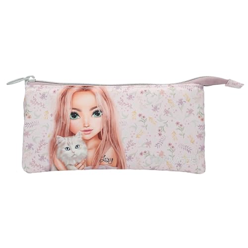 Depesche 13960 TOPModel Blooming Kitty - Estuche con Compartimentos en Color Lila, con Motivo de Modelo, Estampado Floral y Gato, Estuche con 3 Compartimentos y Cremallera