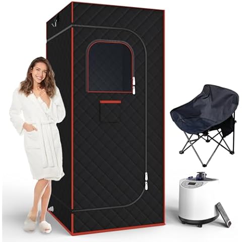 AgiiMan Portable Sauna Box, Portable Infrared Sauna for Home with 3L Steamer, Remote Control, Folding Chair and Mat, Full Size Personal Steam Sauna Tent for Wellness & Relaxation, Orange Cover