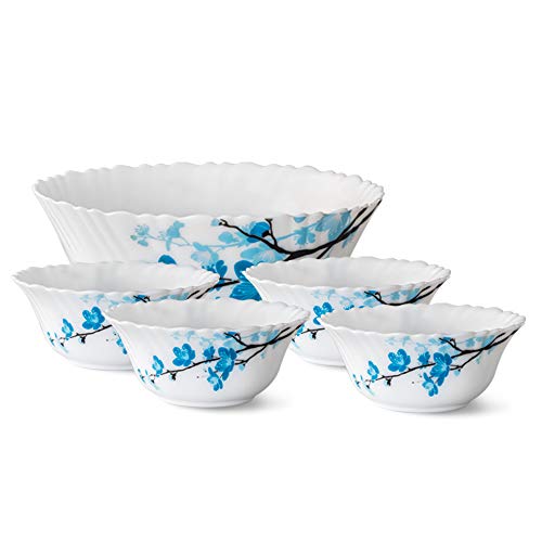 Mimosa Fluted Series Opalware 5 Pcs Pudding Set | Microwave & Dishwasher Safe | Bone-Ash Free | Crockery Set For Dining & Gifting | Bowls Set | White