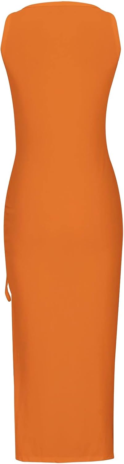 Womens Sexy Side Slit Drawstring Ruched Bodycon Casual Sun Maxi Dresses Sleeveless Ribbed Knit Tank Dress - Image 4