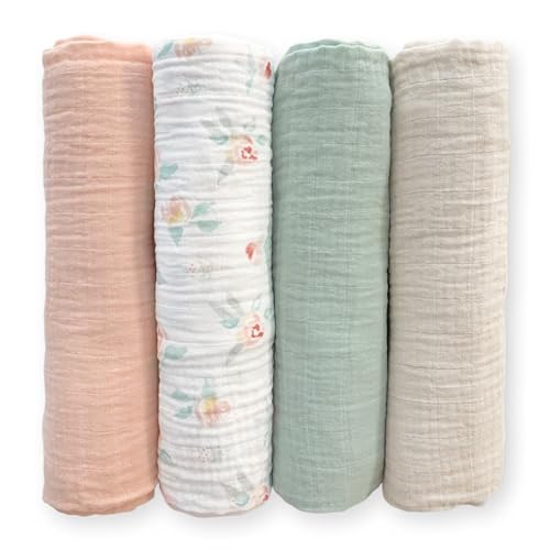 Image of SwaddleDesigns Cotton Muslin Swaddle Blankets for Baby Girl, Set of 4, Receiving Blankets for Newborn, Baby Registry & Gift, 46x46 inches, Watercolor Peachy Pink Floral