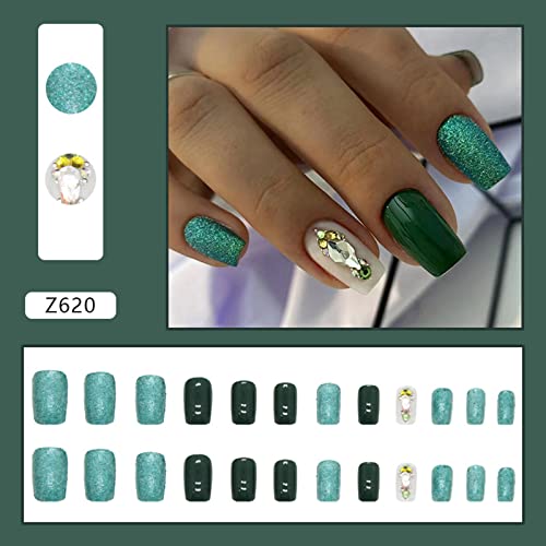 24Pcs Green Press On Nails Square Fake Nails Medium Length False Nails With Rhinestone Designs Full Cover Glossy Acrylic Nails Glitter Artificial Fake Nails For Women Spring Summer Nail Decoration #TOP7