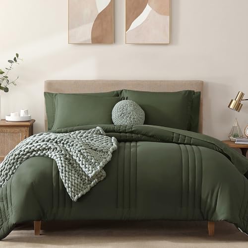 Monbix King Size Comforter Set - 7 Pieces Bed in a Bag King, Olive Green Bedding Sets with Comforter, All Seasons Comforter Bed Set with Sheets, Pillowcases & Shams