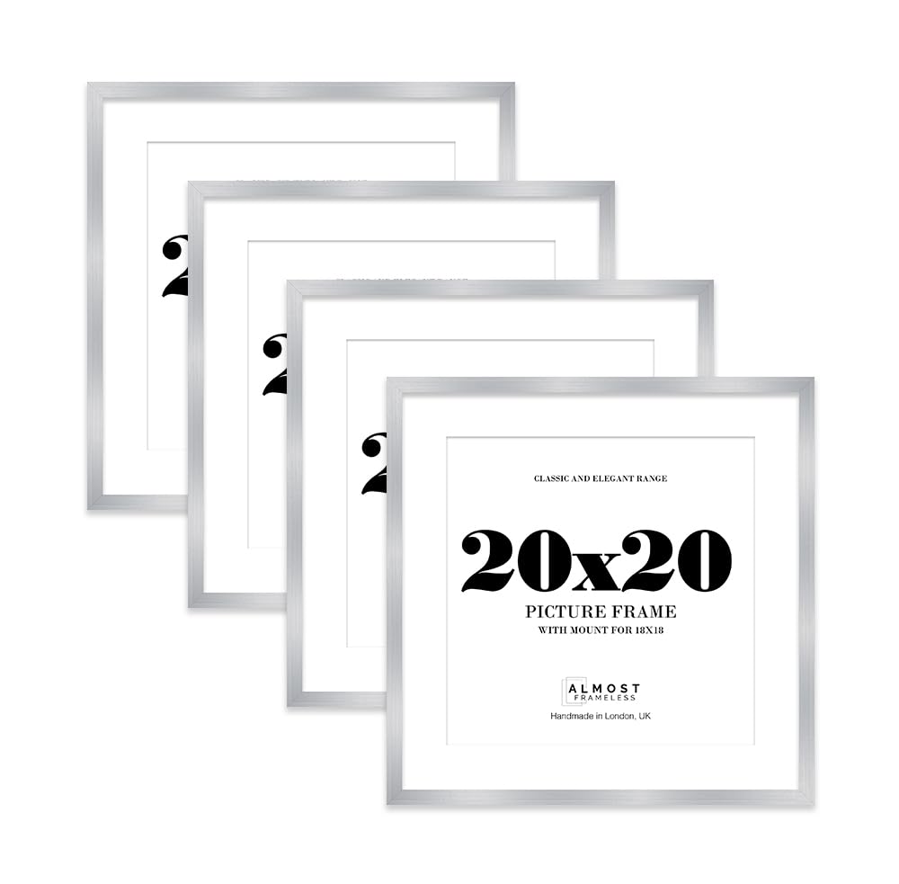 20x20 Silver Picture Frame with Mount for 18x18 Photos, Prints - Modern Square Wall Frame, Set of 4