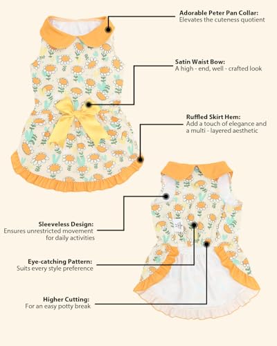 Image of CuteBone Sunflower Daisy Pet Dress with Peter Pan Collar - Yellow Floral Pattern - Sleeveless Ruffled Skirt with Bow for Small Dogs, Cats - Summer & Casual Wear