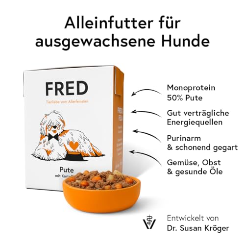 FRED Nassfutter Hund Pute mit Kartoffeln – Monoprotein – 50 % Pute in Lebensmittelqualität – Getreidefrei – mit Gemüse & Quinoa – Alleinfuttermittel für ausgewachsene Hunde – 390 g Tetra Pak